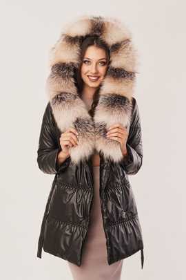 Női fekete tollkabát kapucnival Prémium